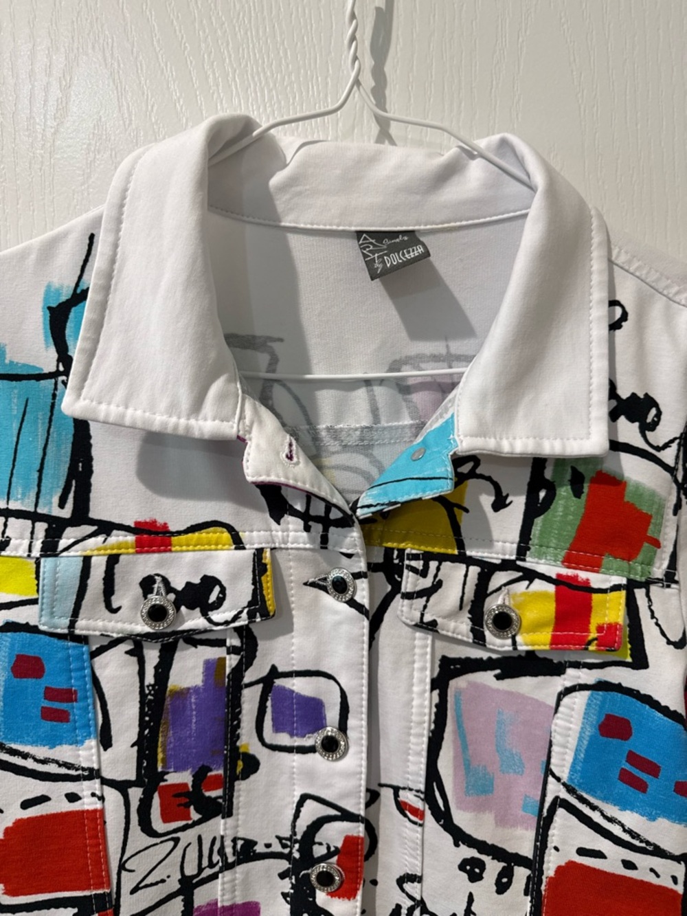 Dolcezza white jean jacket with vibrant abstract print by Luc Villard. Sz M - Picture 3 of 11